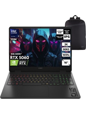 Hp Omen Slim 16-AN0036NT Ultra 7-255H 64-Gbddr5 4 Tbssd RTX5060 (8gb-Gddr7) 16" Wuxga 165Hz Windows 10 Pro + Hmf Sırt Çantası CK9L3EAHMF37