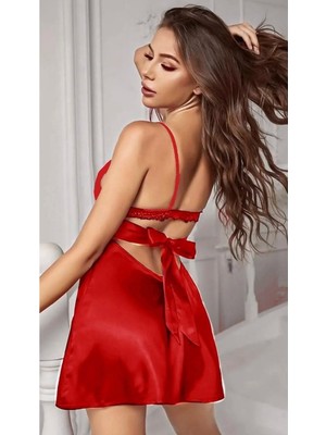 Modellife Kadın Kırmızı Şık Seksi Bağlamalı Askılı Saten Gecelik Sırt Yırtmaçlı Detaylı Dantelli