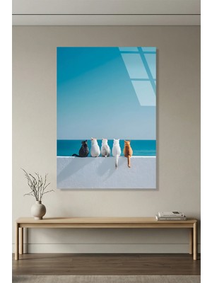 Vitraum Deniz Kenarında Sıralanmış Dört Kedi Minimalist Cam Tablo