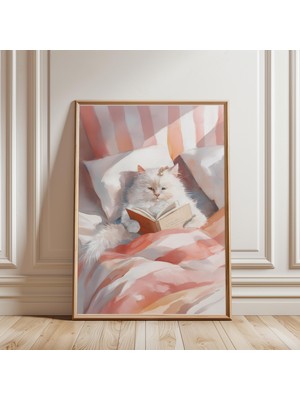 Ninastore Kedi Kitap Okuyor Baskısı - Yatak Odası Dekorasyonu - Okuma Duvar Sanatı - Kütüphane - Kitap