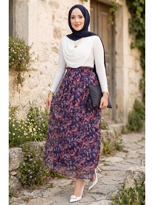 MDS Floral Desenli Beli Lastikli Şifon Tül Etek Lacivert