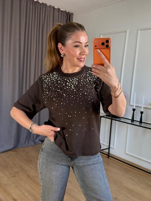 Size Özgü Kahve Ön Taşlı Tshirt 