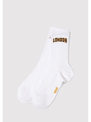 Mavi London Baskılı Beyaz Soket Çorap 0911968-620