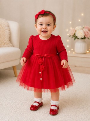Lina Baby Bloomm Kız Bebek Abiye Elbise Kırmızı Tüllü Fiyonk ve Çiçek Detaylı Prenses Model