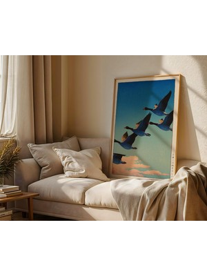 Ninastore Japon Kuş Duvar Sanatı Baskısı: Uçan Kazlar – Kawase & Takahashi Tarzı Poster