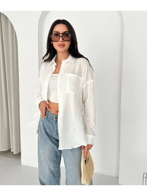 Kadın Müslin Salaş Gömlek Oversize Uzun Kol Yazlık Boyfriend Kesim