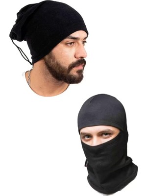 Polar Termal Kar Maskesi ve Ipli Boyunluk Bere Siyah Set - Mudanis