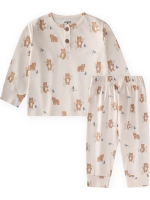 Cigit Animal Desenli Pijama Takım 1-5 Yaş Ekru