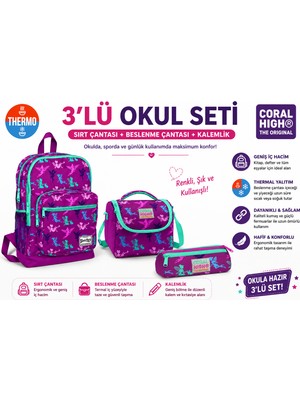 Coral High Peri Desenli Ilkokul Sırt Çantası Mor 23109+THERMO Beslenme Çantas 11803+ Kalemlik 22314
