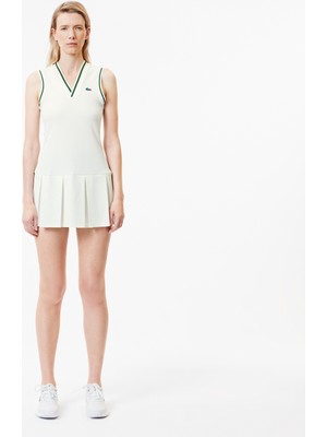 Lacoste Kadın Flare Fit Kolsuz V Yaka Beyaz Elbise