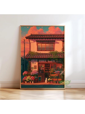 Ninastore Japon Çiçekçi Dükkanı Sanat Baskısı - Rahat Kawaii Çiçekçi Duvar Sanatı - Gün Batımı Şehir Sokağı