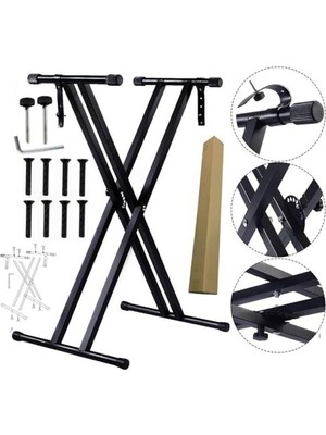 Aesco Klavye Standı - Ağır Hizmet Tipi Piyano Standı (NK13-3KG Çift Destekli) - Kilitleme Kayışları ile Piyano Klavye Standı - Klavye Çift x Stand - Çocuklar ve Yetişkinler Için Klavye Müzik Standı (Siyah)