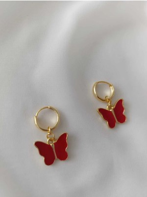 İpar Aksesuar Gold Kırmızı Kelebek Tasarım Küpe