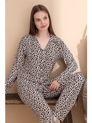 Kiss Me Leopar Desenli Gömlek Yaka Yumuşak Dokulu Önden Düğmeli Pijama Takımı