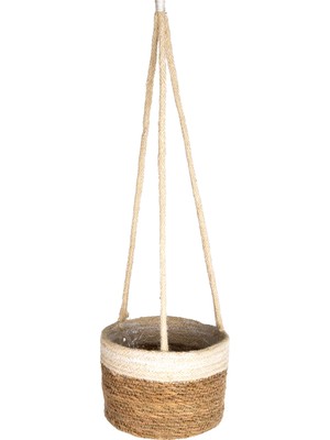 Herdekora Hasır Sepet Askılı Naturel Beyaz Şeritli 12X16 Cm.