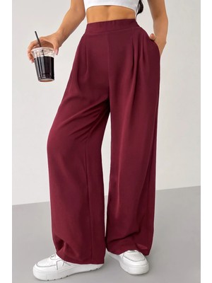 Genius Store Kadın Pantolon Scuba Krep Kumaş Beli Lastikli Cepli Pileli Geniş Paça Palazzo Pantolon