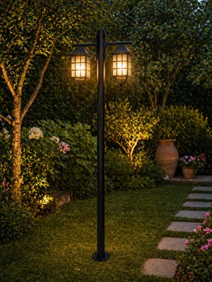 Lambax 250 cm Çift Kollu Kafesli Direkli Bahçe Yol Aydınlatma Armatürü (2 Ad Ampul ve Dübeller Dahildir)