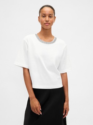 Gap Kadın Beyaz Heavyweight Jewel-Neck Crop T-Shirt