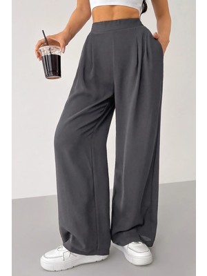 Genius Store Kadın Pantolon Scuba Krep Kumaş Beli Lastikli Cepli Pileli Geniş Paça Palazzo Pantolon