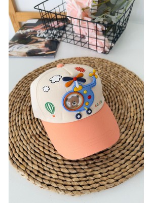 Miniğimin Cicileri 5-8 Helikopter Bear Desenli Unisex Çocuk Şapka - Krem