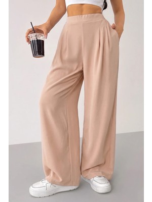 Genius Store Kadın Pantolon Scuba Krep Kumaş Beli Lastikli Cepli Pileli Geniş Paça Palazzo Pantolon