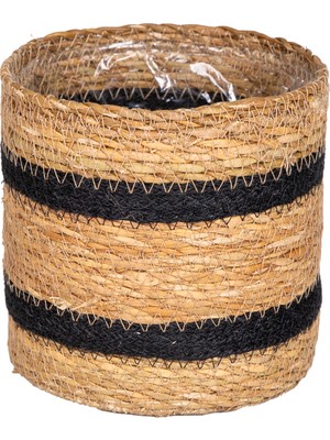Herdekora Hasır Sepet, Siyah Şeritli, Naturel, Naylon Içli - 14,5X15 cm