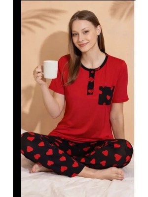 Kiss Me Kadın Kırmızı Kalp Desenli Rahat Kesim Pijama Takımı