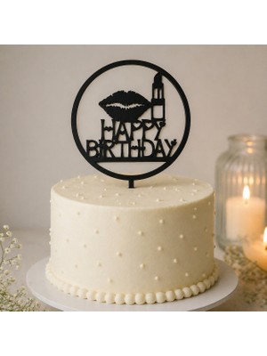 Hediyebigi Doğum Günü Pasta Süsü Dudak ve Ruj Temalı Happybirtday 12X17 Ölçülerinde