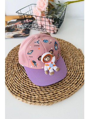 Miniğimin Cicileri 5-8 Astronot Bear Desenli Unisex Çocuk Şapka - Gül Kurusu