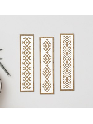 Hippodeco 3’lü Etnik / Aztek Desenli Mdf Duvar Tablosu – Lazer Kazıma Motifli Ahşap Çerçeveli Set (50X12,5 Cm)