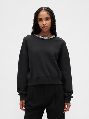 Gap Kadın Siyah Vintagesoft Jewel-Neck Crop Sweatshirt