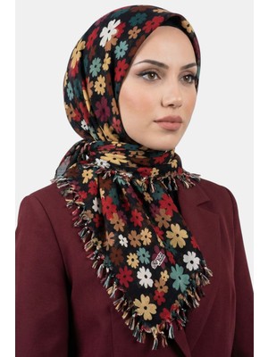 Hadiora Kadın Siyah Kırmızı Çiçek Desenli Boncuklu Yazma