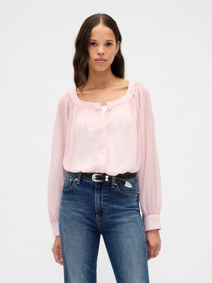 Gap Kadın Açık Pembe Sheer Button-Front Transparan Gömlek