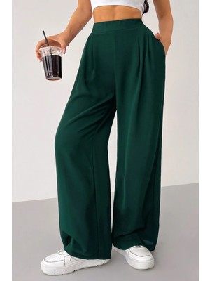 Genius Store Kadın Pantolon Scuba Krep Kumaş Beli Lastikli Cepli Pileli Geniş Paça Palazzo Pantolon