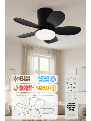 Enshall 64CM Modern Goes Uzaktan Kumandalı 5 Kanatlı Tavan Vantilatörü ve LED Lamba Işık 42W
