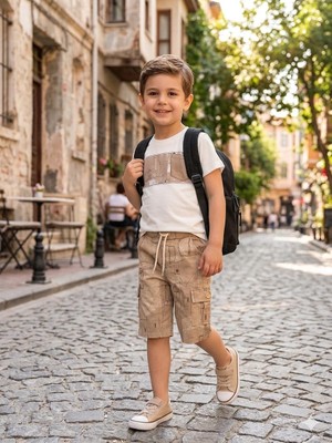 Bubiee Baby Erkek Çocuk Mavi Beyaz Denim Görünümlü Kargo Cepli Pantolon ve Tişört Alt Üst Takım