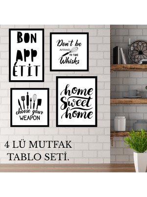Hippodeco Mutfak Temalı 4’lü Mdf Duvar Tablo Seti – 20X20 20X25 20X30 Modern Yazı Dekor