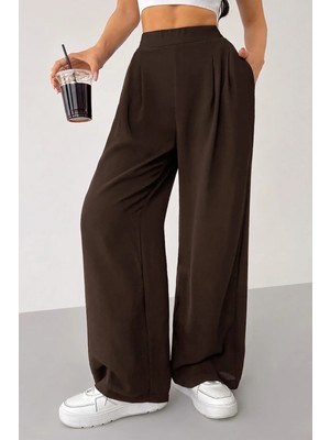 Genius Store Kadın Pantolon Scuba Krep Kumaş Beli Lastikli Cepli Pileli Geniş Paça Palazzo Pantolon