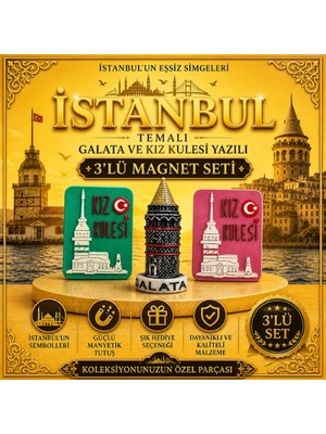 Istanbul Temalı Galata ve Kız Kulesi Yazılı  3’lü Magnet Seti