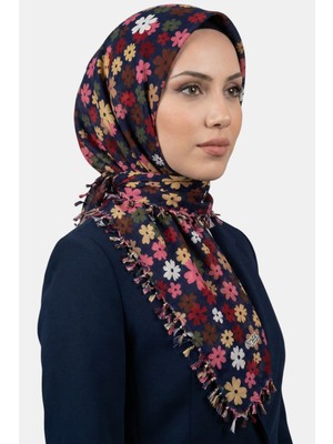 Hadiora Kadın Pembe Lacivert Çiçek Desenli Boncuklu Yazma