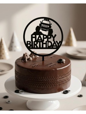 Hediyebigi Doğum Günü Pasta Süsü Dağ Jeep Jip Temalı Happybirtday 12X17 Ölçülerinde