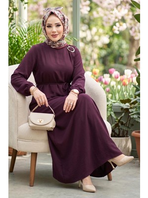 Hafsa Mina Toka Detaylı Bağlamalı Ayrobin Elbise Mürdüm HM2907