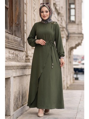 Hafsa Mina Toka Detaylı Bağlamalı Ayrobin Elbise Haki HM2907