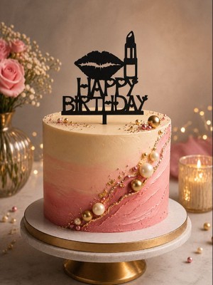 Hediyebigi Doğum Günü Pasta Süsü Dudak ve Ruj Temalı Happybirtday 12X17 Ölçülerinde