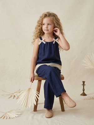 Kidsroom Kız Çocuk Brode Detaylı Keten Bluz Pantolon 2 Li Takım