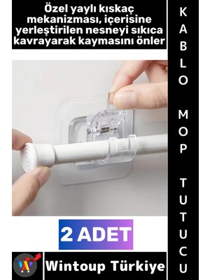 Wintoup #askı Kendinden Yapışkanlı Mutfak Banyo Masa Üstü Araç Içi Şeffaf Estetik Çok Amaçlı Yaylı Kıskaçlı Mekanizma Kablo Mop Tutucu 2 Adet