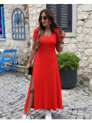 Jane's Kadın V Yaka Yan Yırtmaçlı Kısa Kollu Maxi Elbise – Günlük Casual Şık
