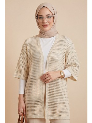 Moda Morfo Yarasa Yarım Kol Ajurlu Triko Hırka  -Bej