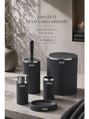 Okyanus Home Stella Krom Yuvarlak Çizgili 5'li Banyo Seti Antrasit