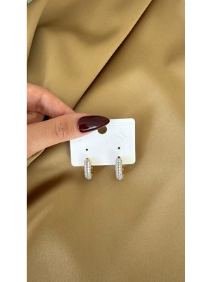 Zirkon Taşlı Gold Detaylı Halka Küpe